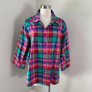 Foxcroft NYC Womens Plus 20W Wrinkle Free Plaid Button Up Shirt 3/4 Sleeve Top